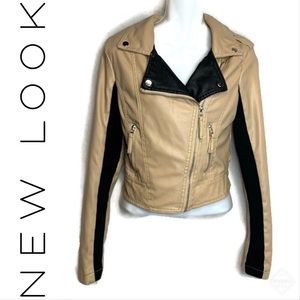 New Look Faux Leather Moto Jacket Tan/Blk Sz M